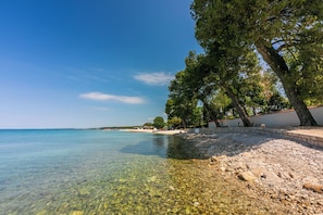 A clear beach with pebbles and trees, a calm sea, and a clear sky.