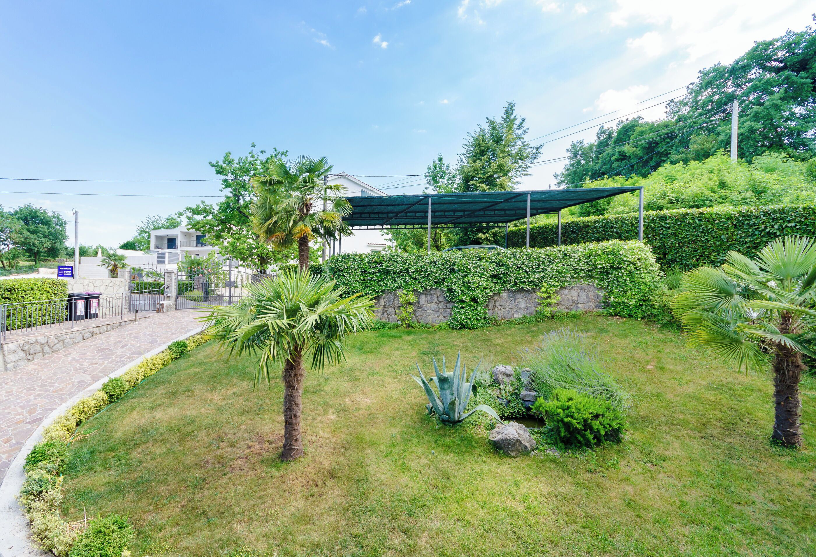 A well-maintained garden with palm trees, a green lawn, and a stone pathway leading to a building.