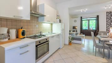 Apartment (A2) | Private kitchen | Fridge, microwave, oven, stovetop