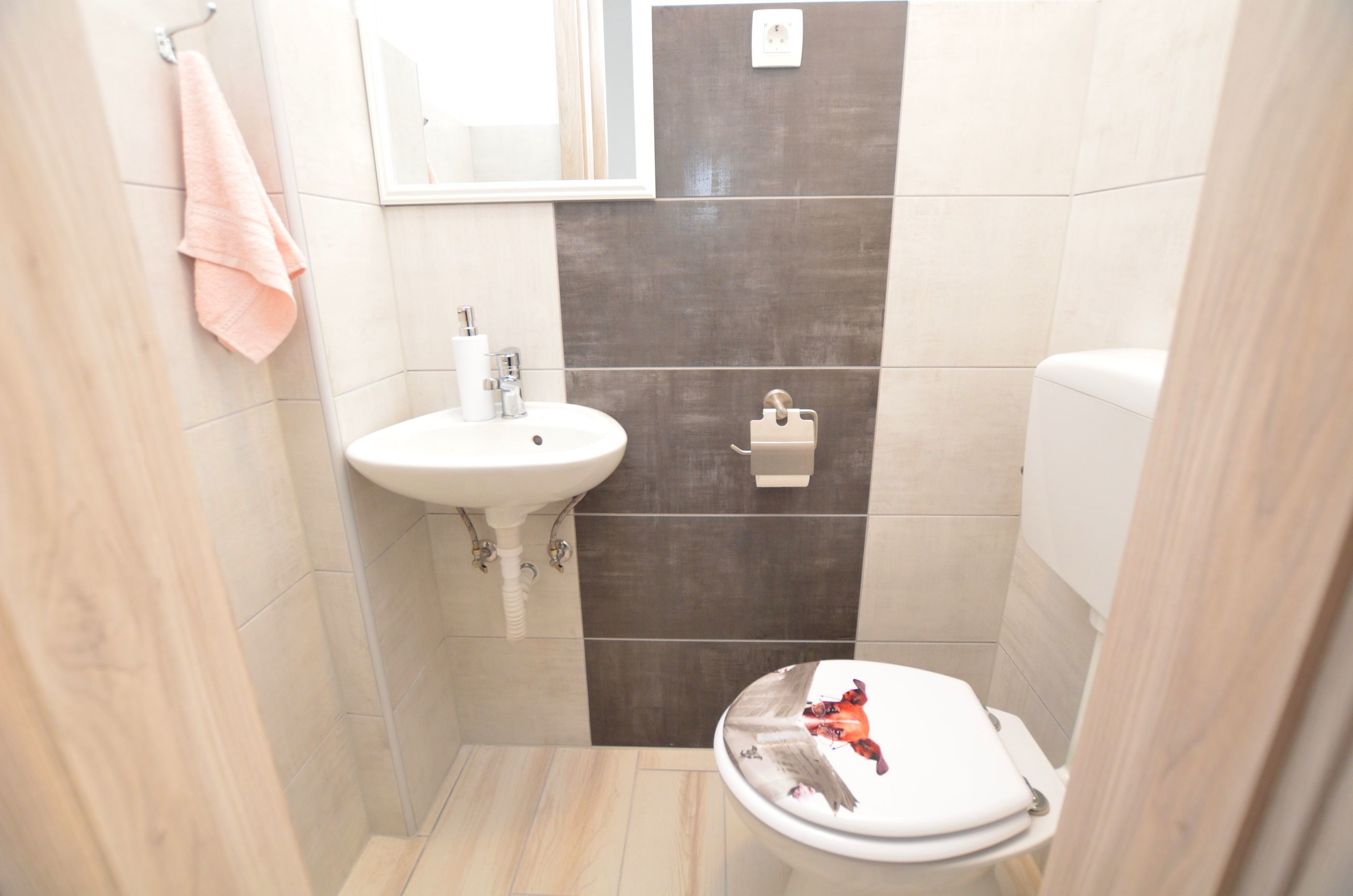 A small bathroom with a sink, toilet, and mirror.