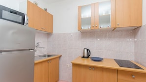 A compact kitchen with wooden cabinets, a stainless steel refrigerator, a sink, and a black induction cooktop. - Apartments Danica (Pirovac)