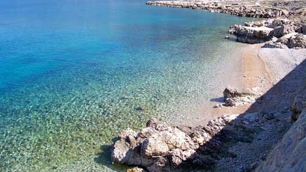 A coastal landscape with clear blue water, rocky shoreline, and distant buildings on a hill. - Apartments Nina (Stinica)