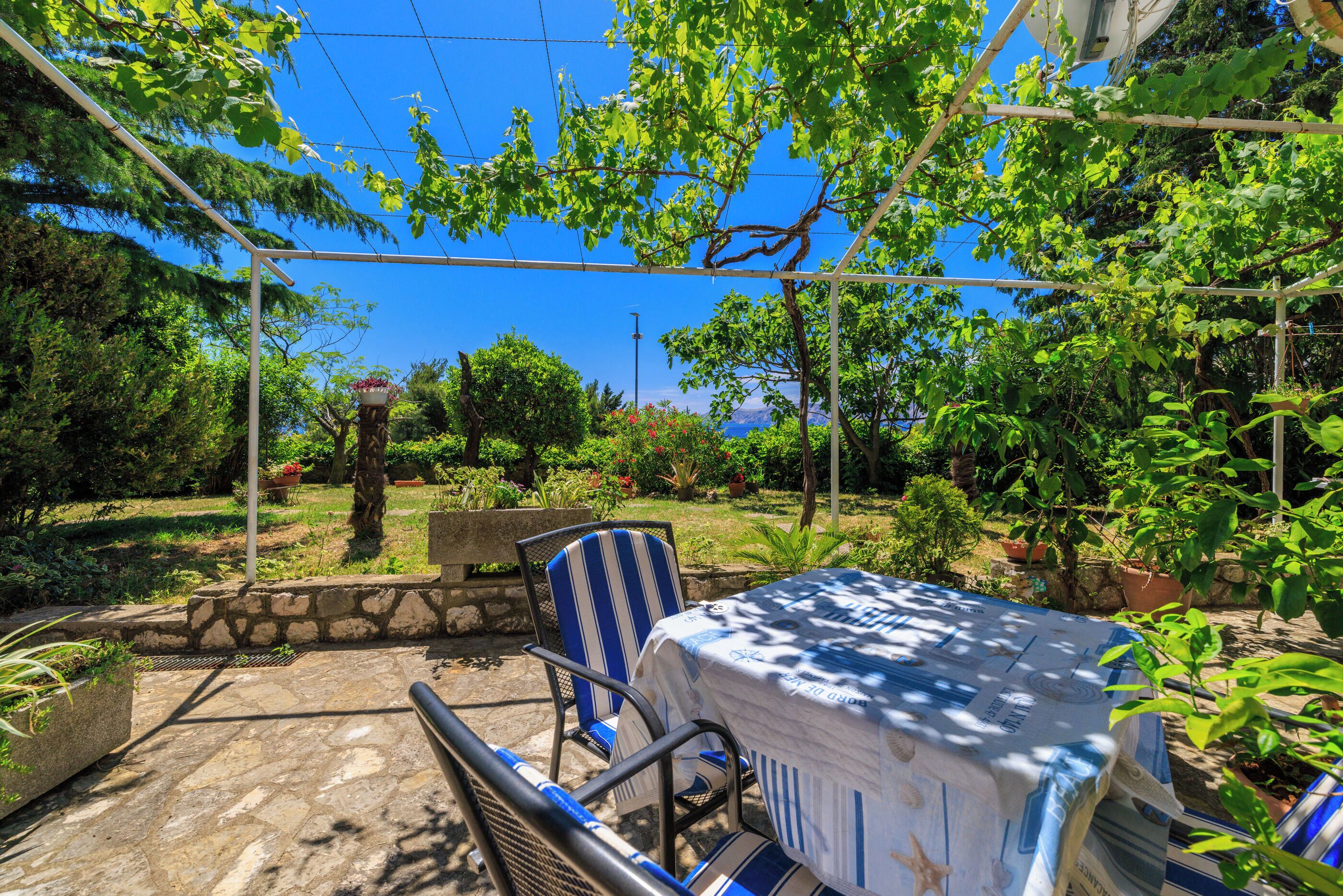 Eine Terrasse im Freien mit Tisch und Stühlen, umgeben von Grünpflanzen und blauem Himmel.