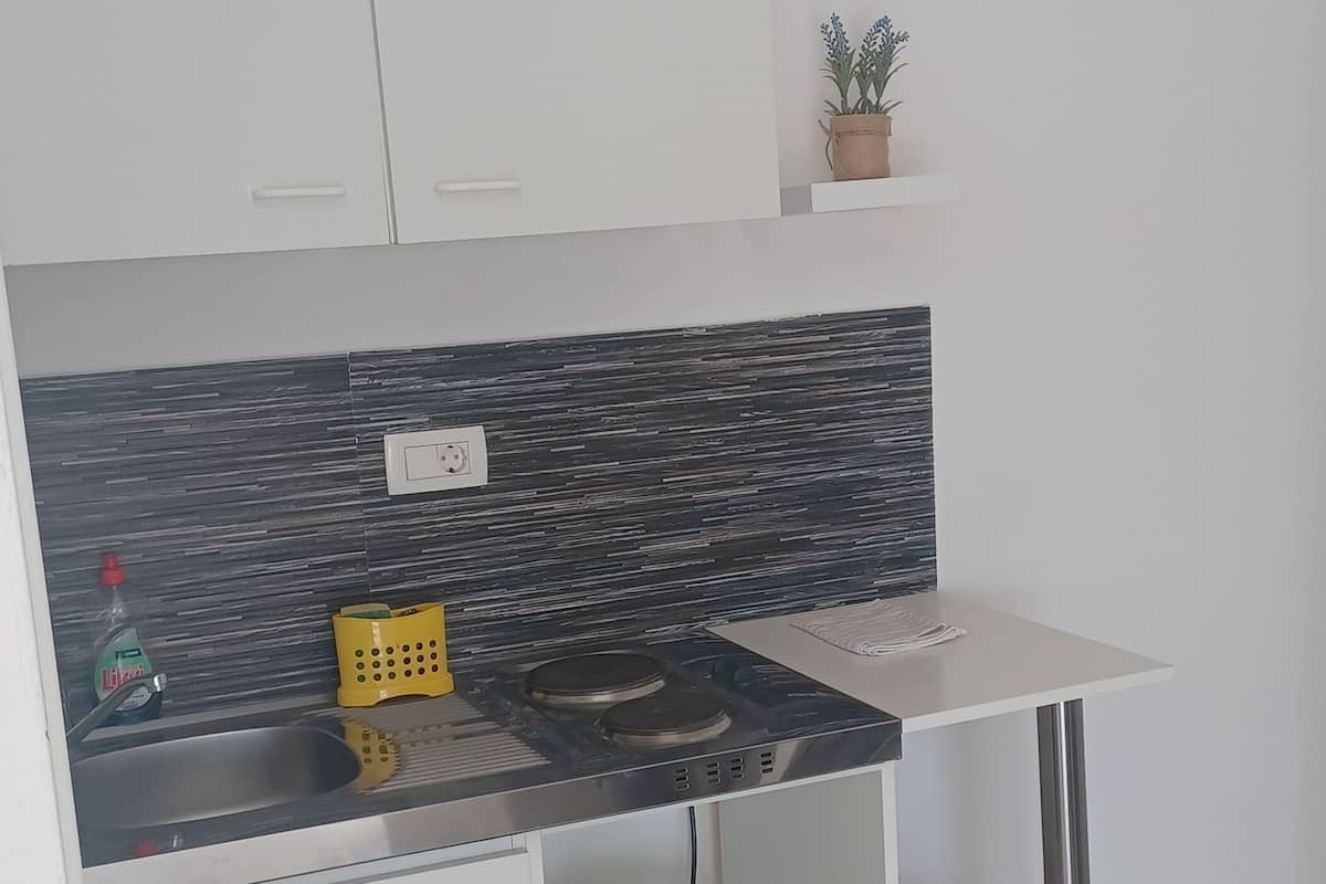 A compact kitchen with a black backsplash, a built-in sink, a stove, and a small potted plant on the countertop.