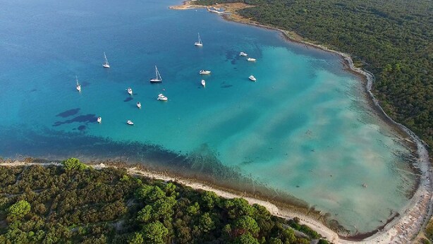 Luchtbeeld van een kustgebied met helder turquoise water, boten en een dicht bebost kustlijn.