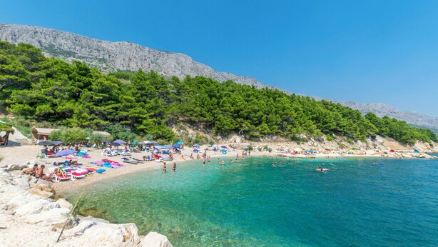 Une plage à l’eau turquoise et limpide, avec un rivage rocheux et une végétation luxuriante.