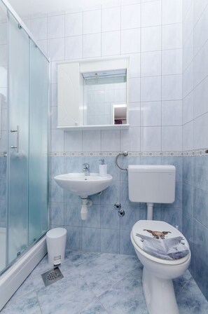 Un baño con cabina de ducha de vidrio, un lavabo blanco, un inodoro y un espejo sobre el lavabo.