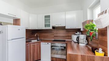 Lejlighed (A1) | Privat køkken | Køleskab, mikrobølgeovn, kogeplade, espressomaskine