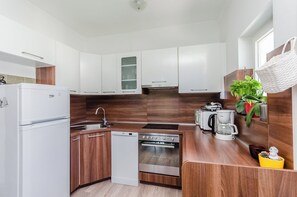 Apartment (A1) | Eigene Küche | Kühlschrank, Mikrowelle, Herdplatte, Espressomaschine