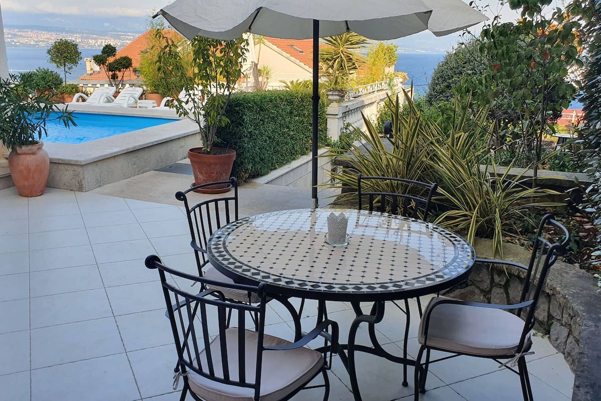 A round table with chairs and a white umbrella, surrounded by potted plants and a view of a swimming pool and buildings.