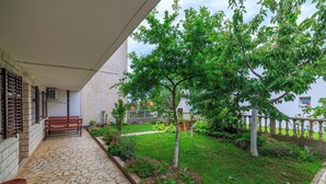 A courtyard with a stone pathway, a bench, and a small tree.