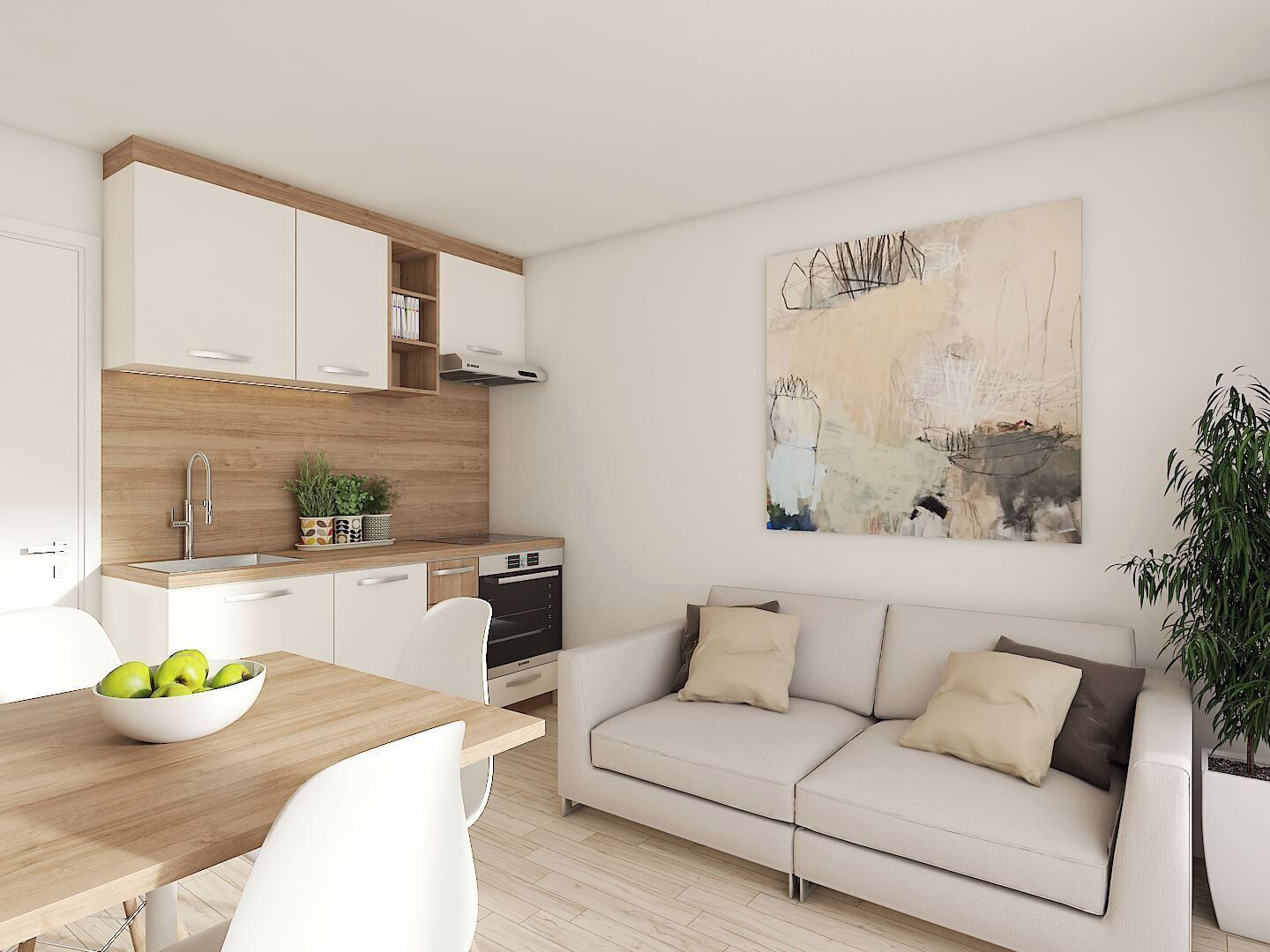 Eine moderne Küche mit weißen Schränken, einer Holz Arbeitsplatte und einem eingebauten Backofen. Ein Esstisch mit einer Schüssel grüner Äpfel steht daneben. Ein beiges Sofa lehnt an der Wand, darüber befindet sich ein abstraktes Kunstwerk.