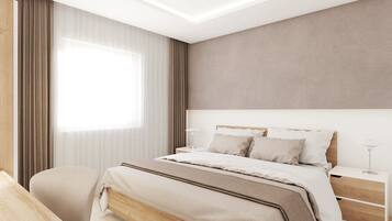 Quarto moderno com uma cama grande, mesas de cabeceira, uma escrivaninha e uma janela com cortinas.