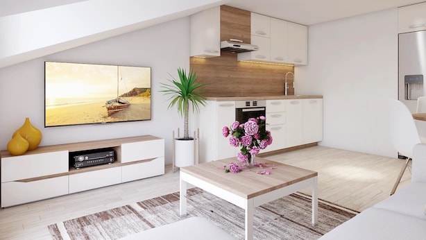 A modern living room with a flat-screen TV, a coffee table, and a potted plant. - Apartments Villa Subic (Kampor)