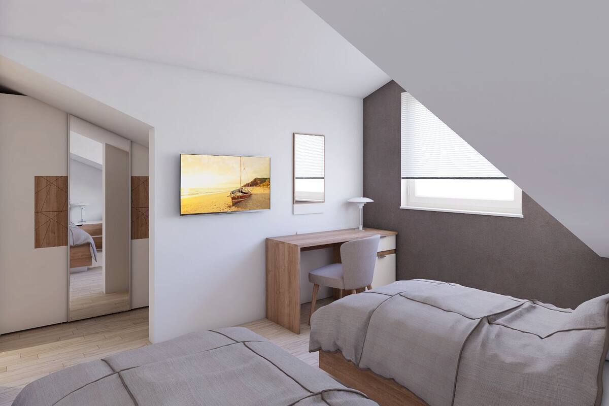 A modern bedroom with a loft-style desk, a bed, and a large window with blinds.