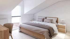 A modern bedroom with a sloped ceiling, a bed with a wooden headboard, bedside tables, and a chair. - Apartments Villa Subic (Kampor)
