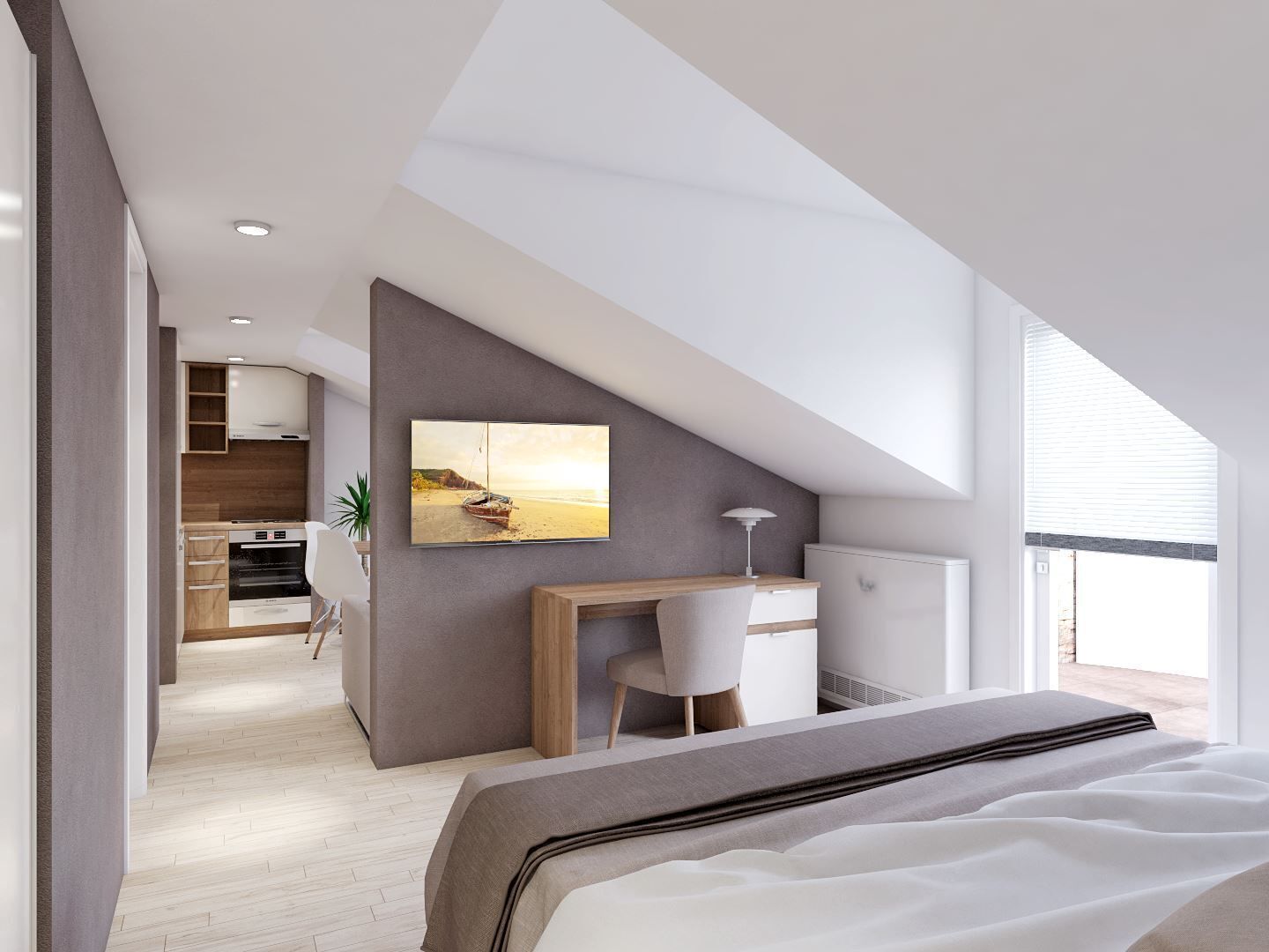 A modern bedroom with a large bed, a desk, and a view of the beach.