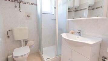 Badkamer | Een douche, een haardroger, handdoeken
