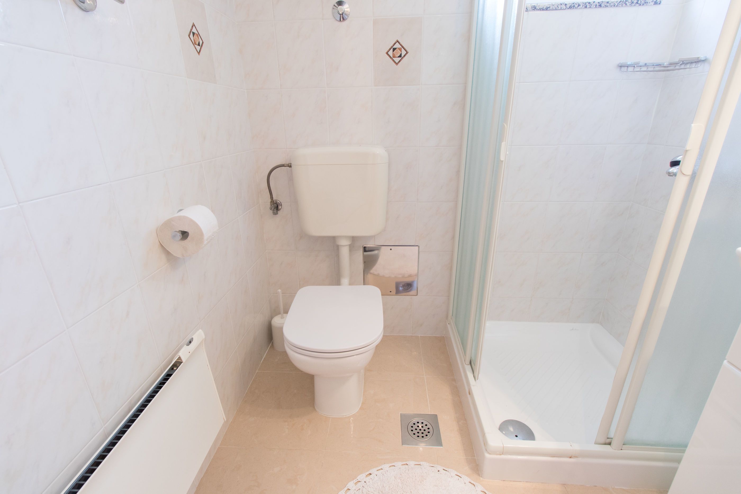 Un bagno con il water, una doccia e un termosifone.