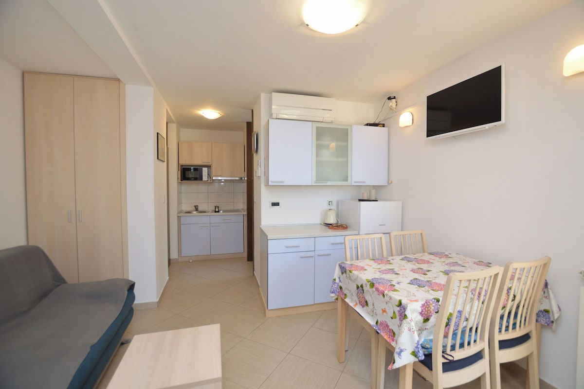 A compact living space with a kitchenette, a dining area with a table and chairs, and a sofa.