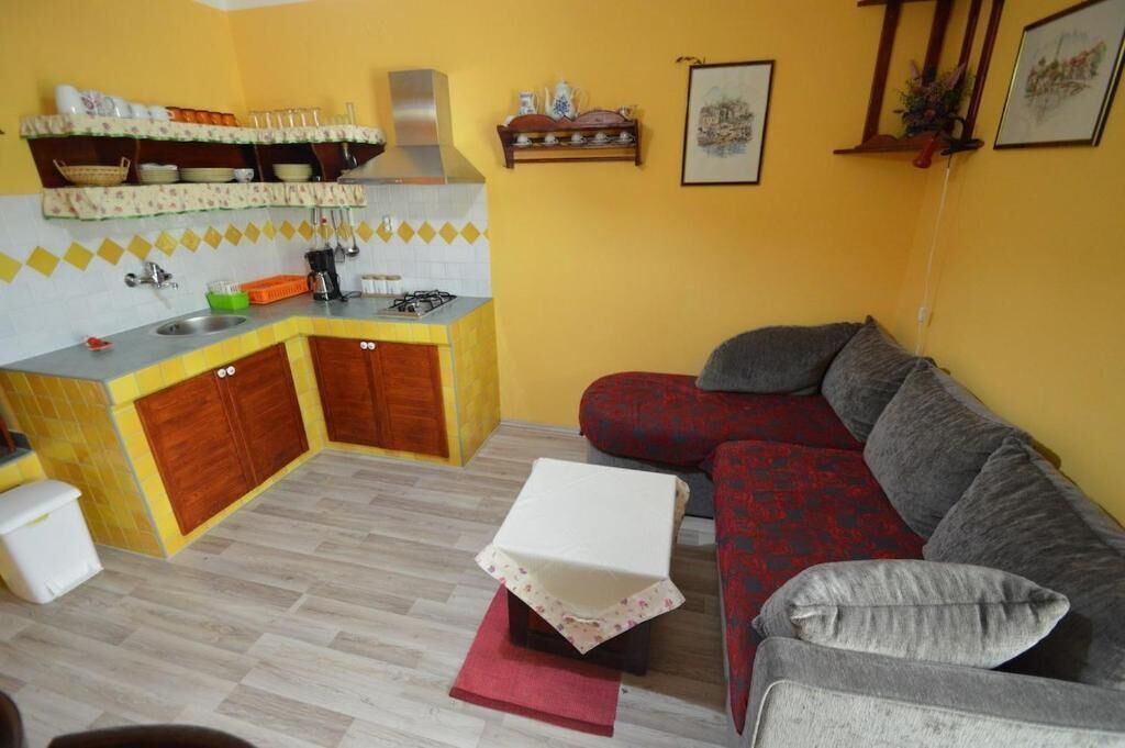 Il s’agit d’un espace de vie compact doté d’un coin cuisine comprenant une cuisinière à gaz, un évier et des placards en bois. Un canapé gris et une petite table sont placés dans l’espace de vie.