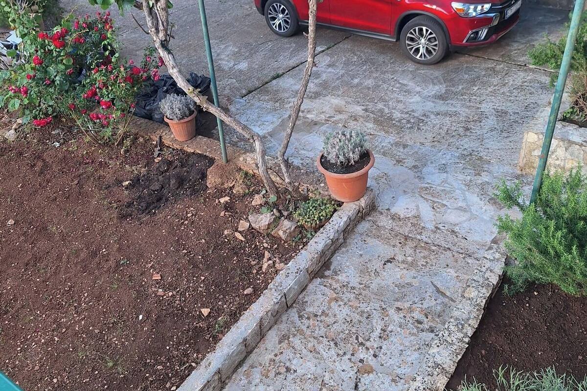 A red car parked under a blue striped awning, a small tree, and a potted plant in a garden area.