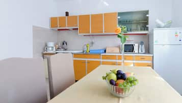Apartment (A1) | Private kitchen | Fridge, microwave, oven, stovetop