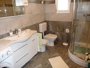 Salle de bain | Douche, séchoir à cheveux, bidet, papier de toilette