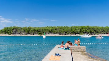 A pier with people relaxing by the water, boats in the background, and a forested shoreline.