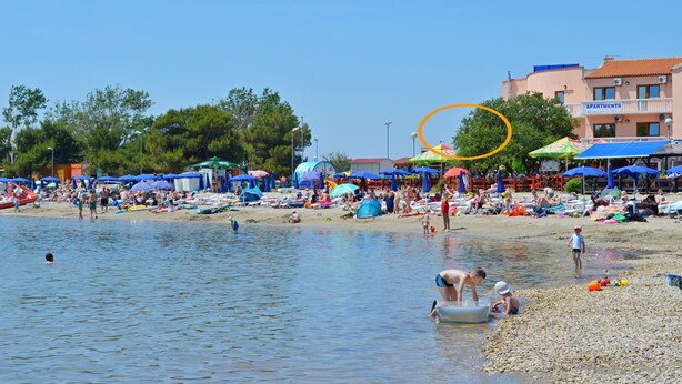 Ein Strand mit Sonnenschirmen und Personen.