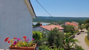 A balcony with a flower pot and a view of a residential area with houses and a lake. - Apartments Marica (Cizici)