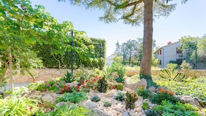 Un giardino con diverse piante, rocce e un albero.