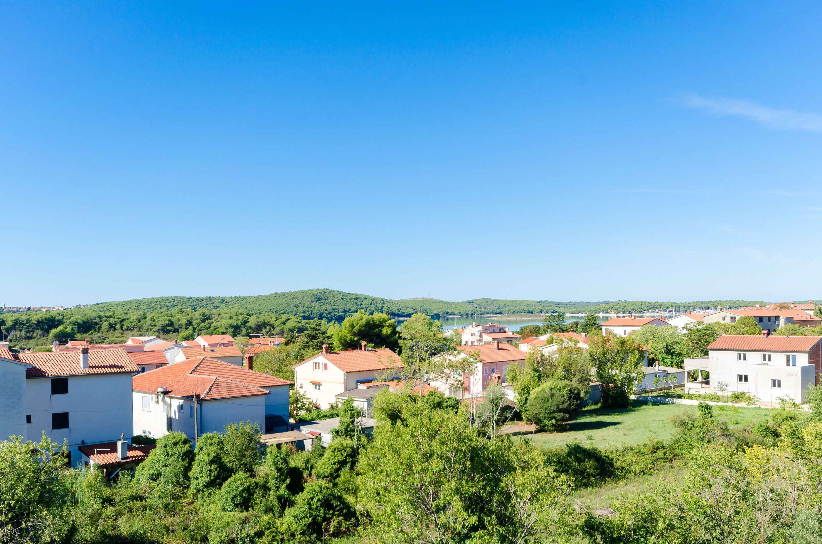 A residential area with houses, trees, and a hilly landscape in the background.