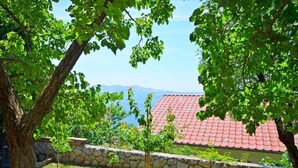A stone wall, a tree, and a building with a red roof. - Apartments Ivanka (Senj)