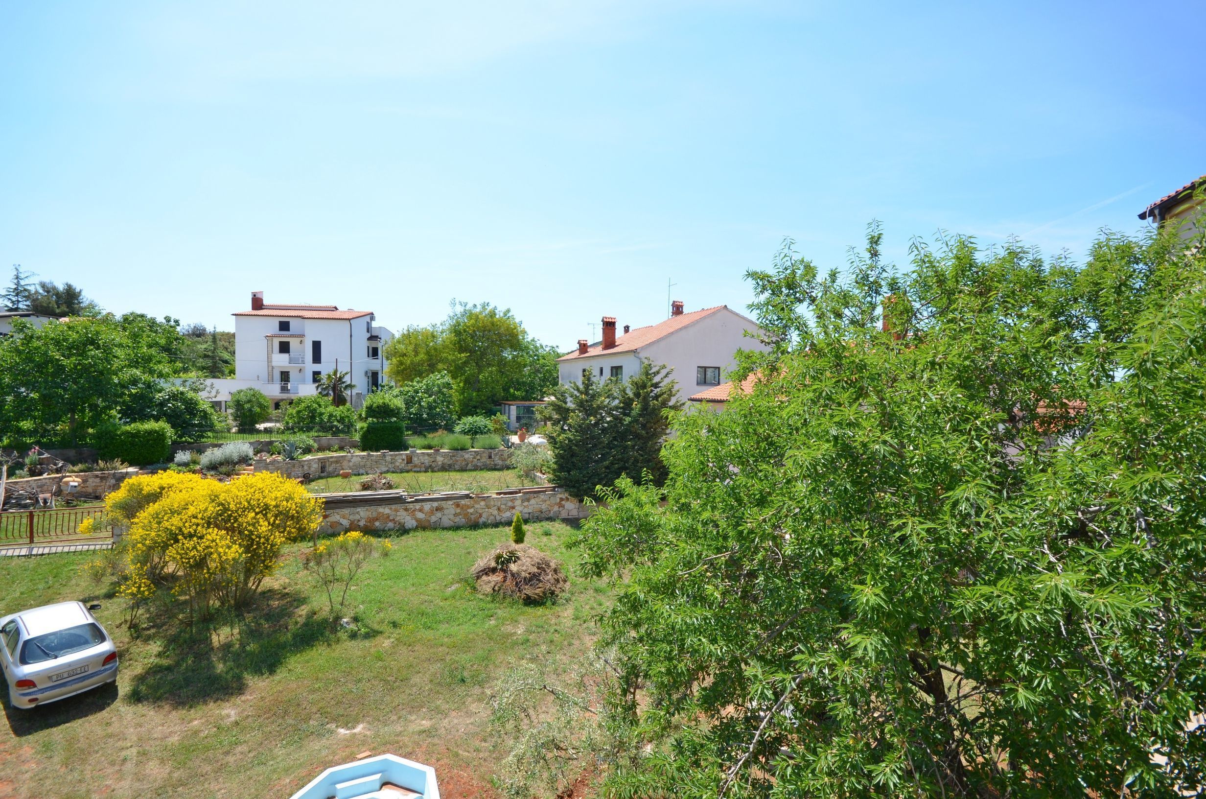 A residential area with two white buildings, one with a red roof and another with a white roof. There is a yellow flowering tree in the foreground, and a car parked on the left.