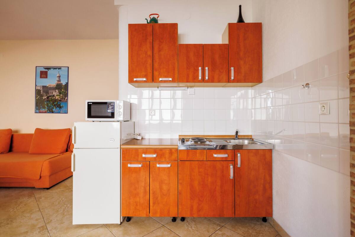 A compact kitchen with wooden cabinets, a white refrigerator, and a microwave.