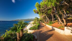 A coastal walkway with a paved path, trees, and a view of the sea. - House Dean (Labin)
