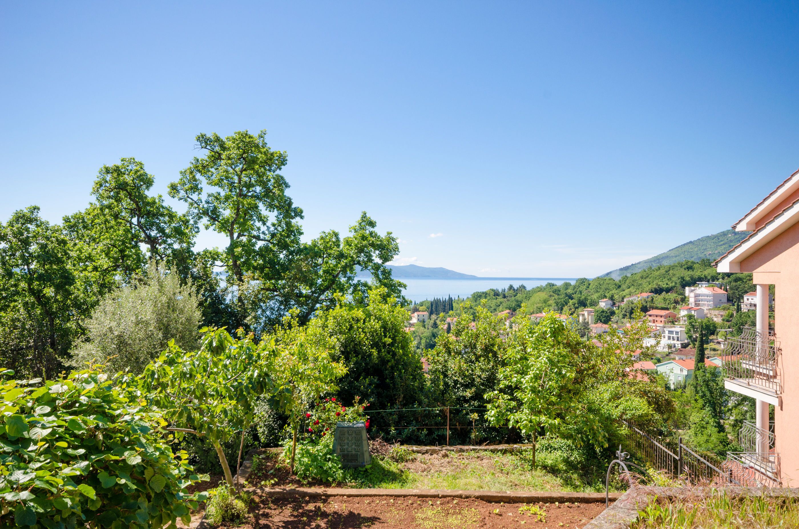 A garden with various trees and shrubs, a clear blue sky, and a view of a town and mountains in the distance.