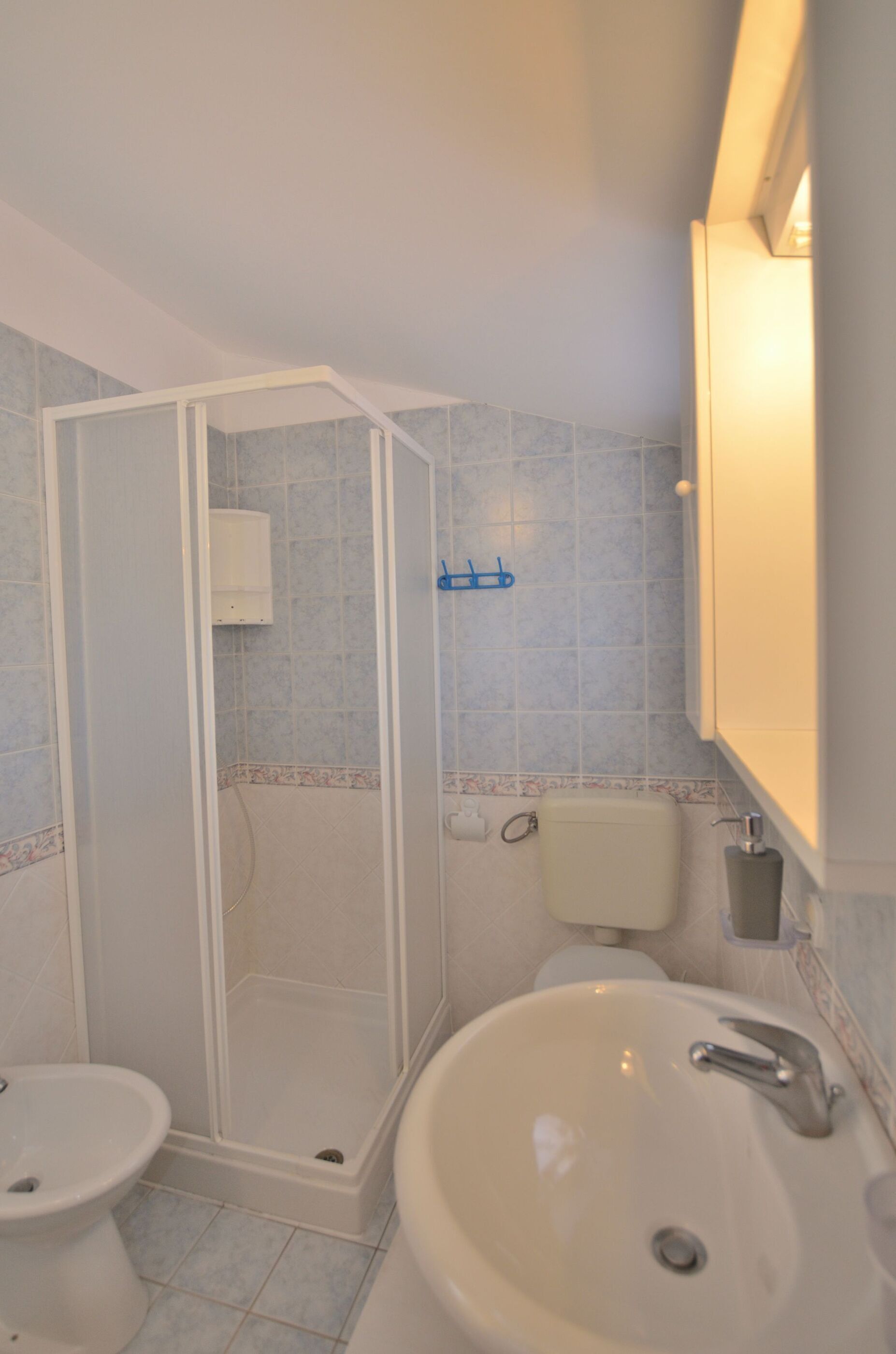 Une salle de bain avec une douche, des toilettes et un lavabo.