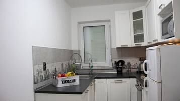 Apartment (A1) | Private kitchen | Fridge, microwave, oven, stovetop