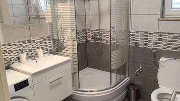 Shower, hair dryer, toilet paper