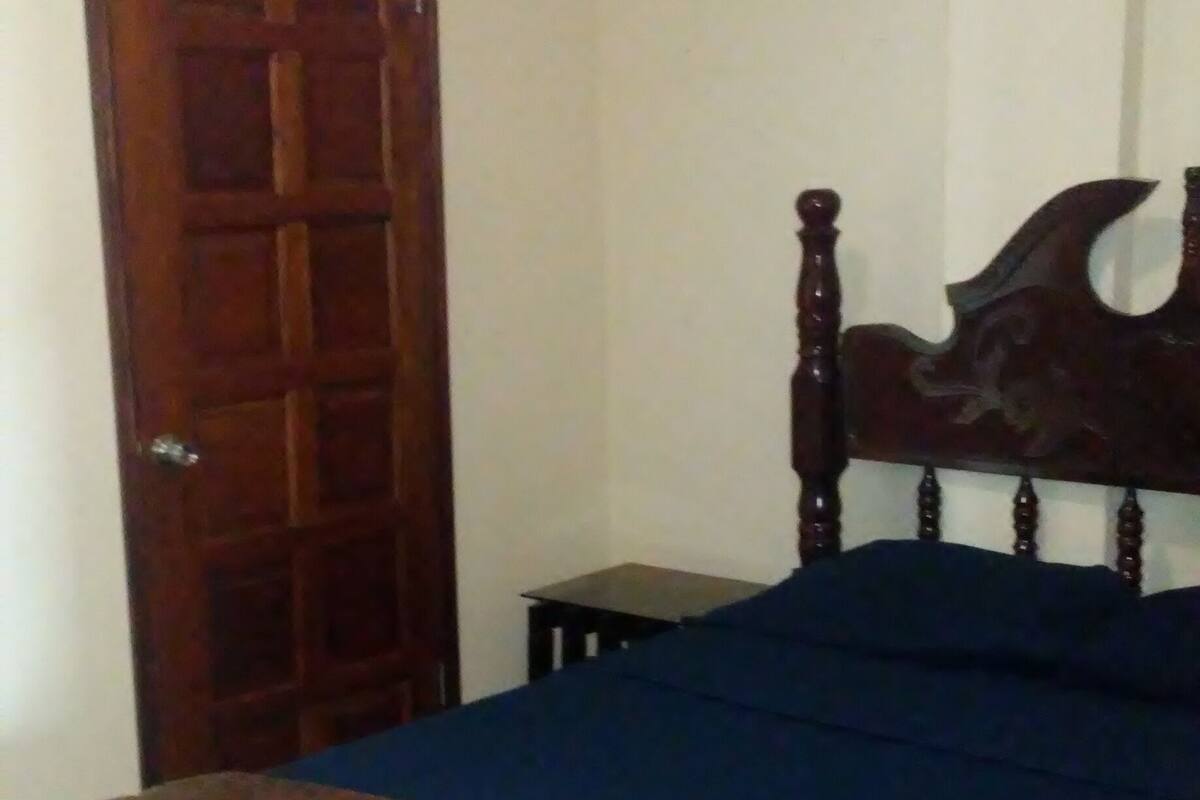 A bedroom with a wooden bed, a small bedside table, and a door.