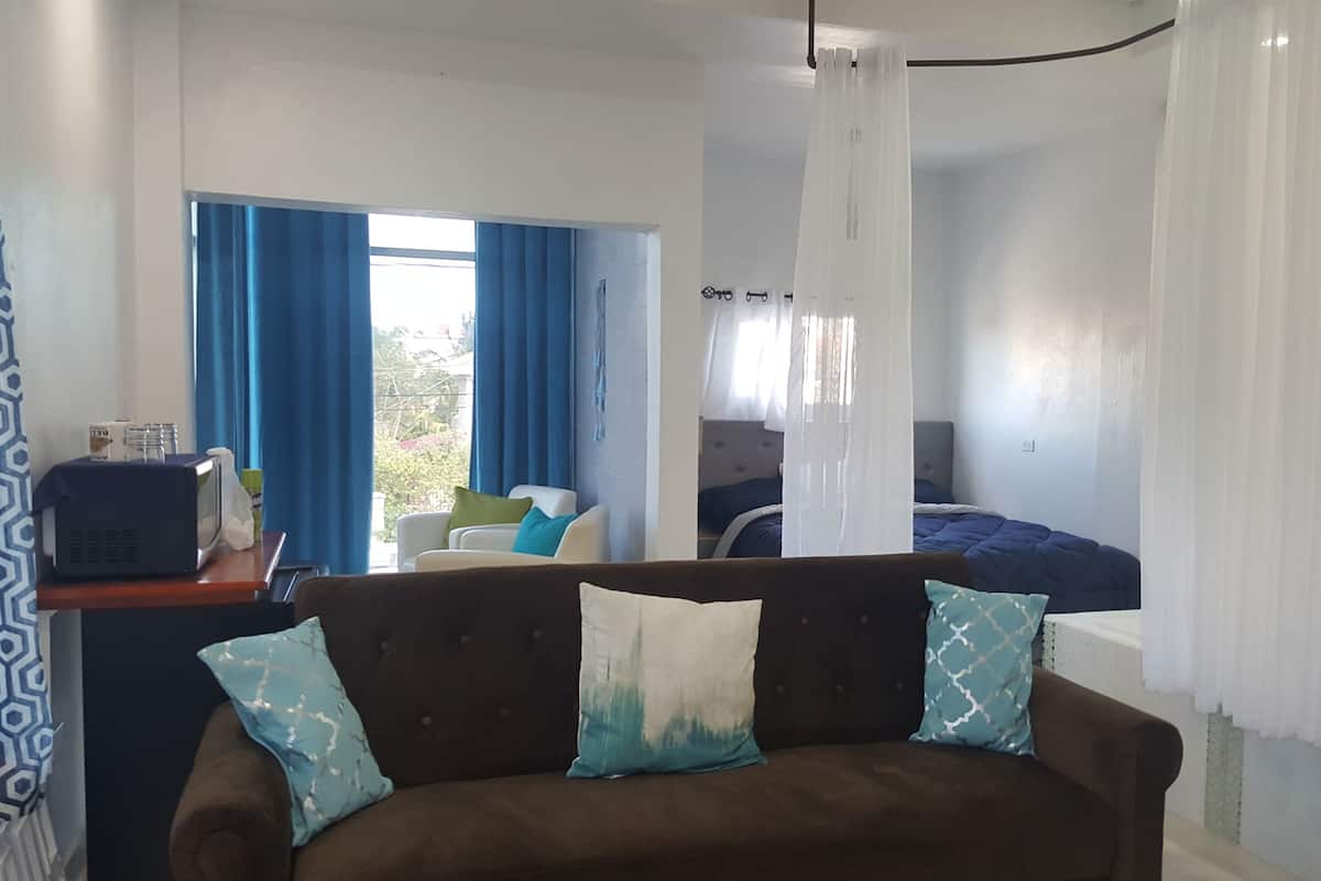 A bedroom with a bed, a sofa, a desk with a computer, and a window with curtains.