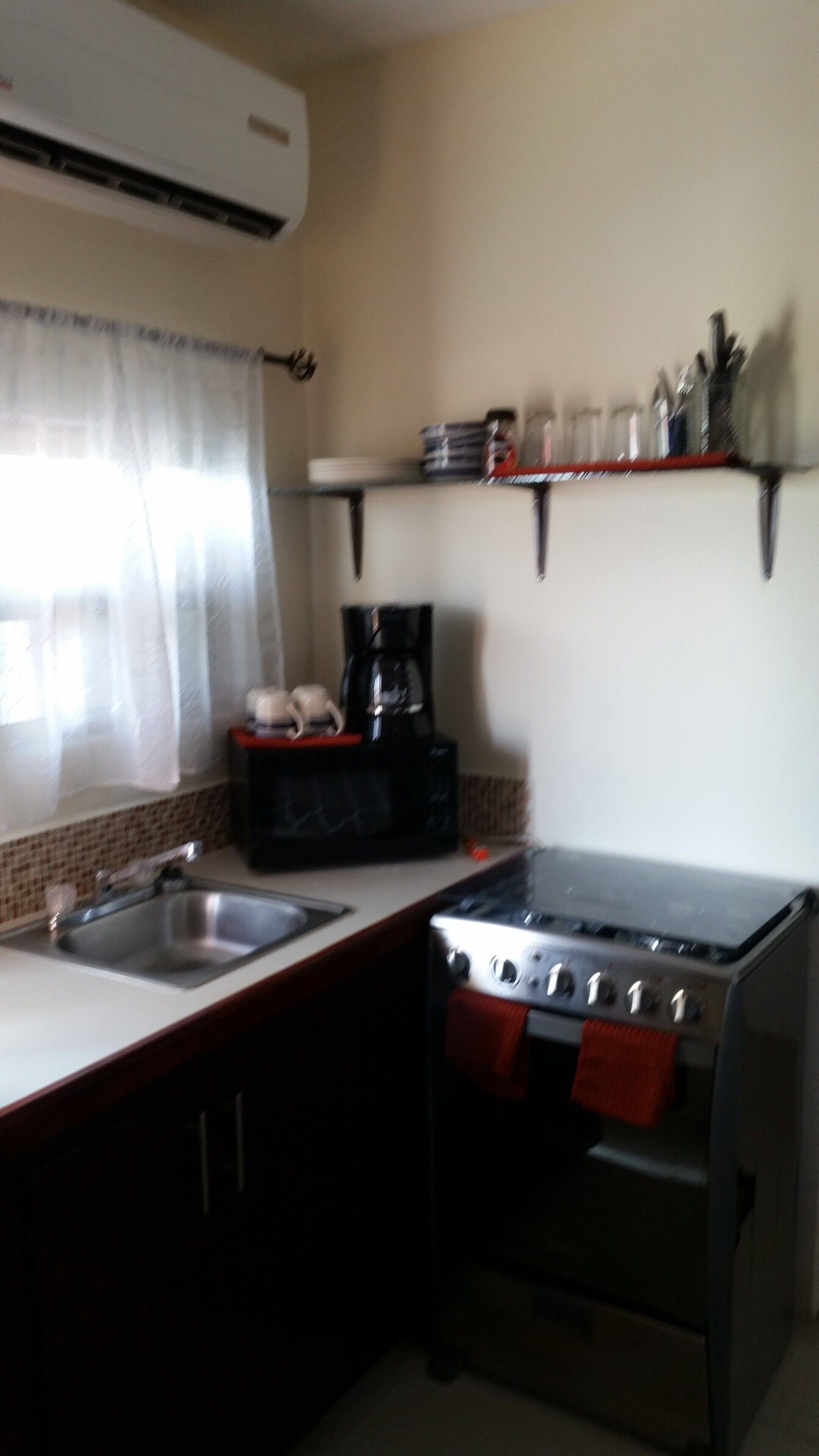 Cocina compacta con estufa, lavamanos y cafetera.