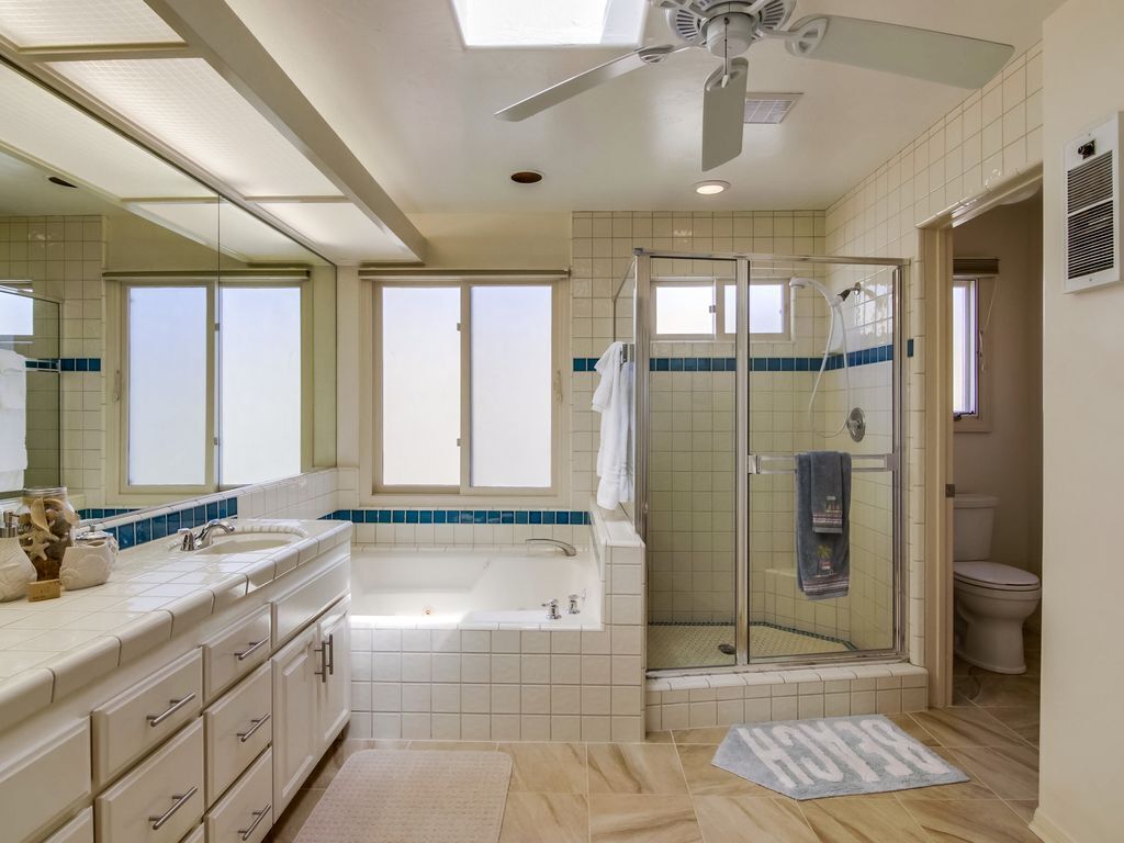 Ein Badezimmer mit einer großen Badewanne, einer großzügigen Dusche und einer Toilette.