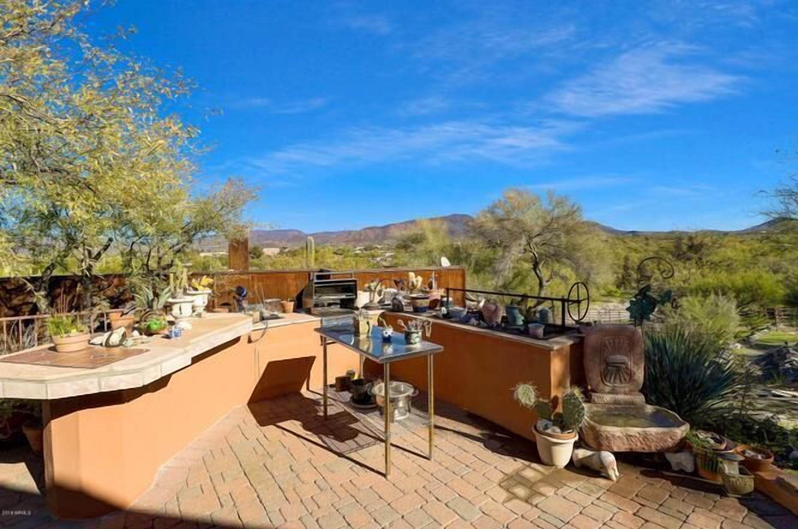 An outdoor kitchen area with a barbecue grill, a table, and various potted plants.