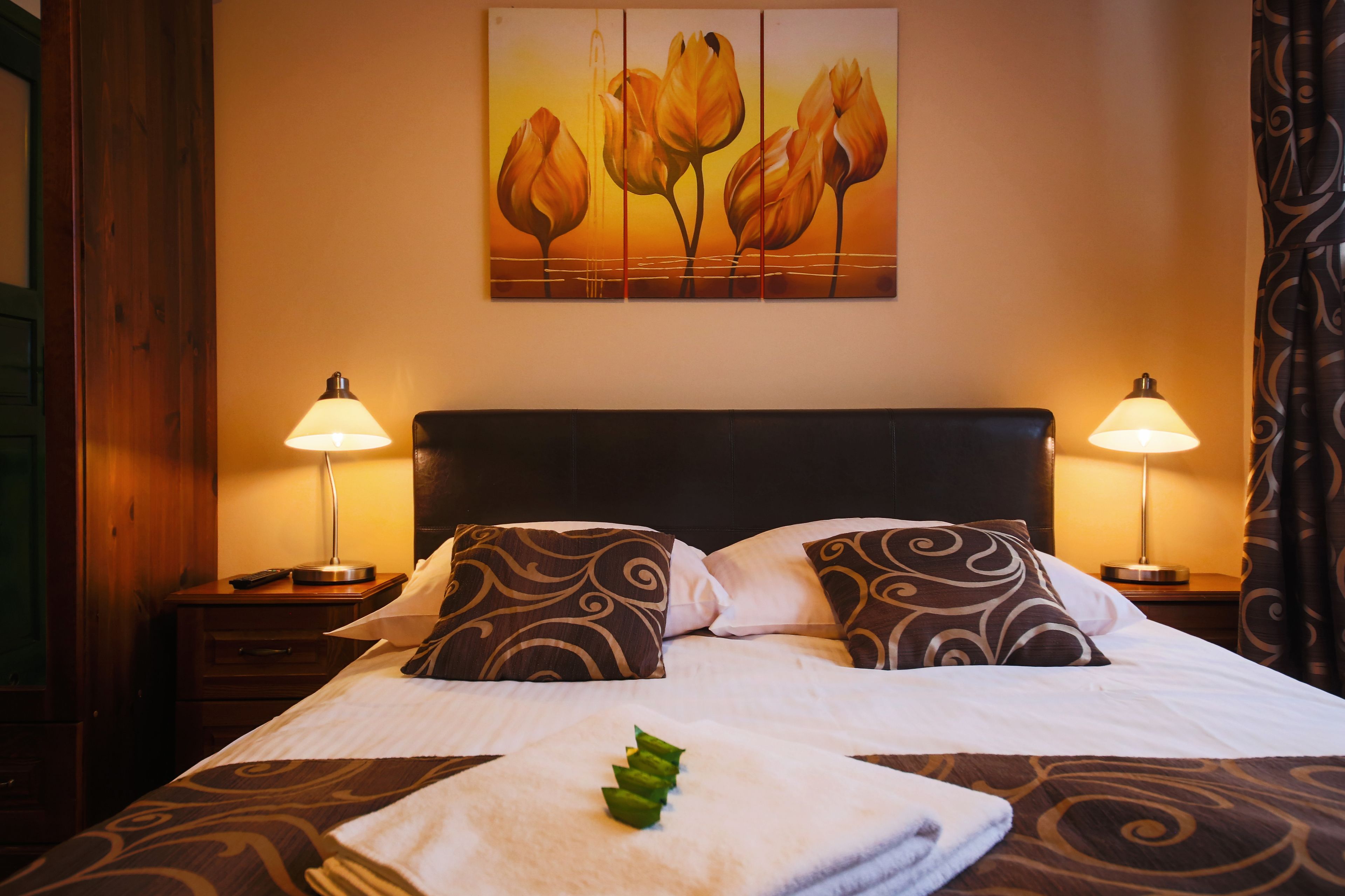 Ein Hotelzimmer mit einem Bett, zwei Nachttischlampen, gemusterten Kissen, einem Bild an der Wand und einer Zimmerpflanze auf dem Bett.