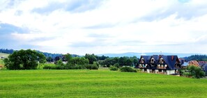 A rural landscape with houses, green fields, and mountains in the background. - Gościniec Na Brzyzku (Bukowina Tatrzanska)