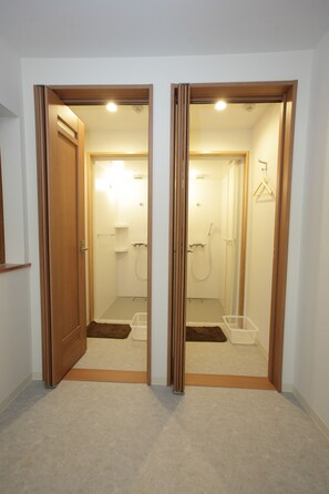 Shower, slippers, towels