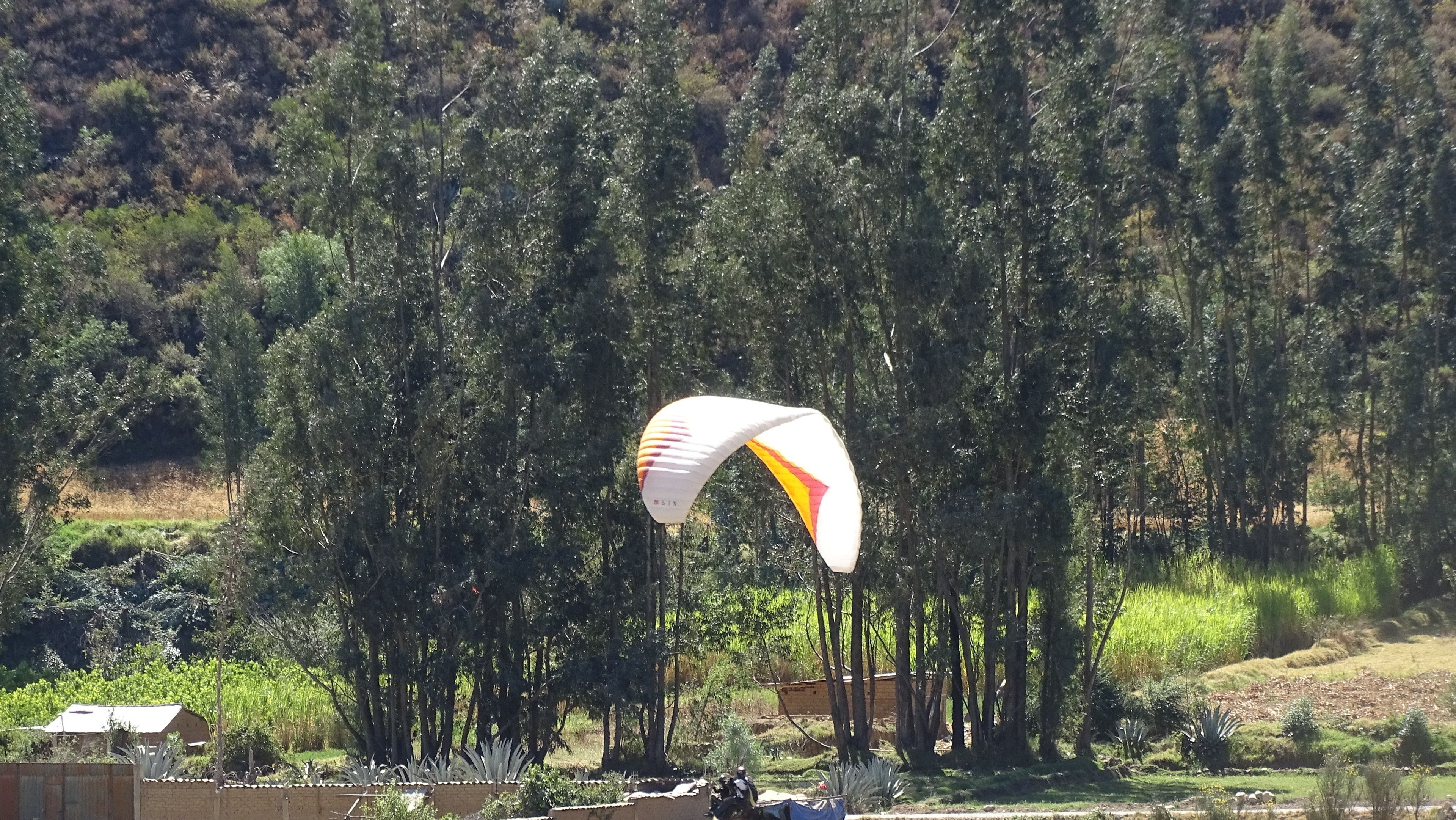 Un parasail con una cubierta blanca y detalles en rojo y amarillo, anclado cerca de una masa de agua con árboles densos al fondo.